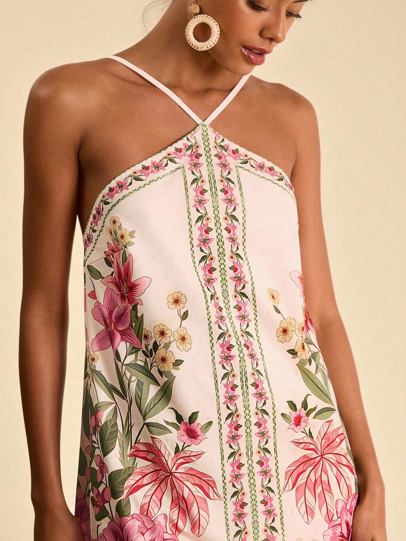 Travachic Flower Print Backless Halter Mini Dress, Casual Resort Style, Bohemian Clothes