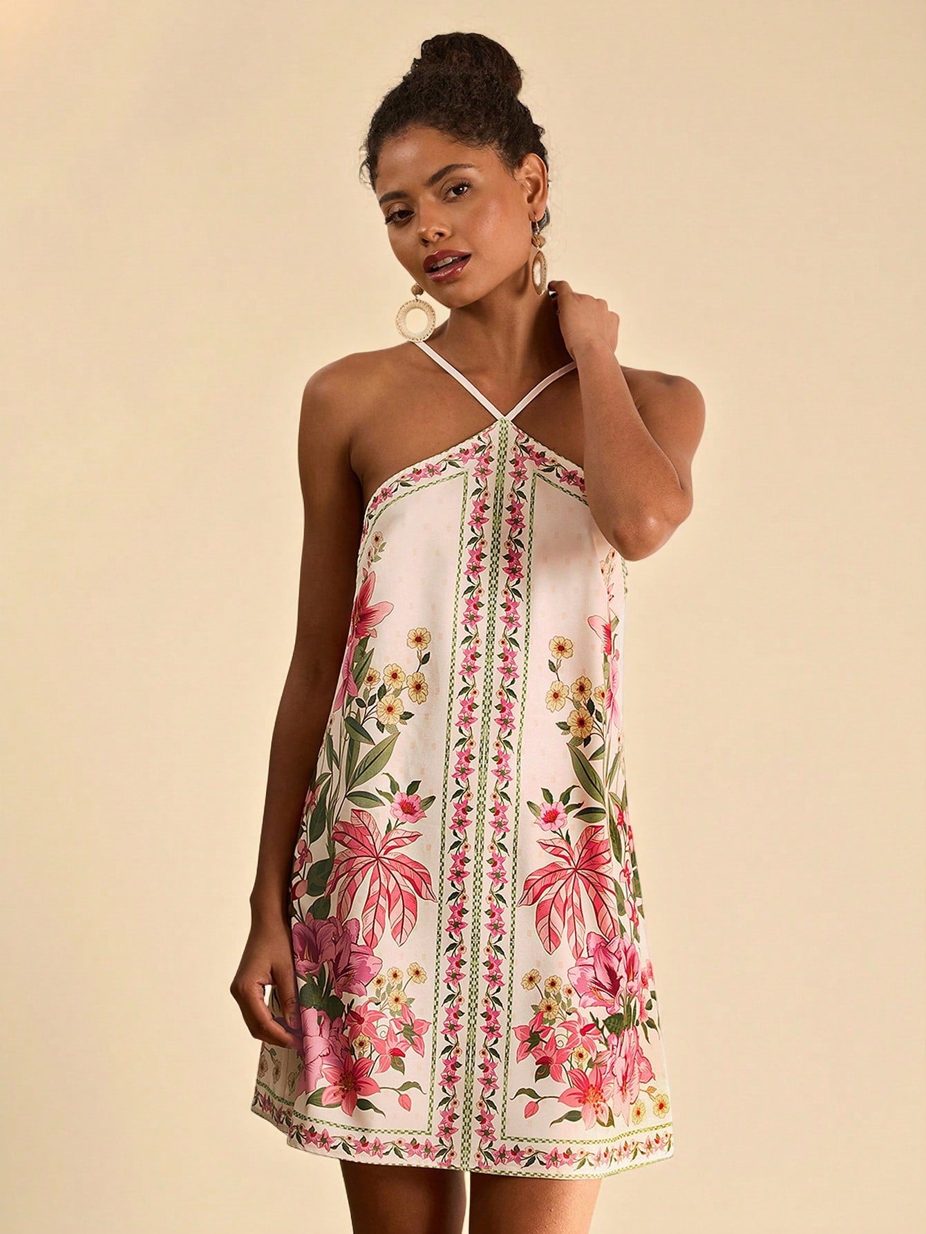 Travachic Flower Print Backless Halter Mini Dress, Casual Resort Style, Bohemian Clothes