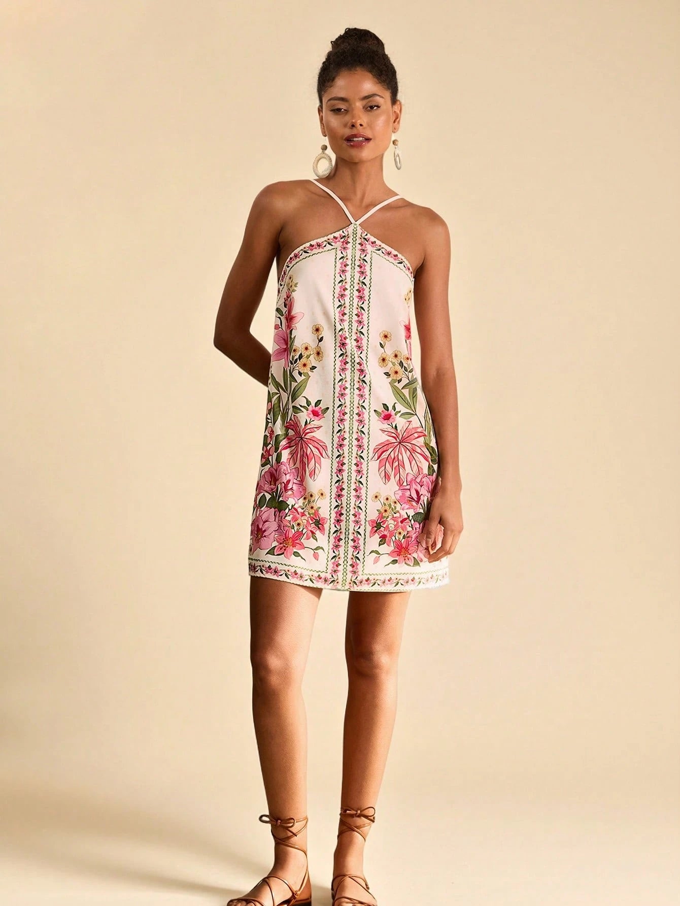 Travachic Flower Print Backless Halter Mini Dress, Casual Resort Style, Bohemian Clothes
