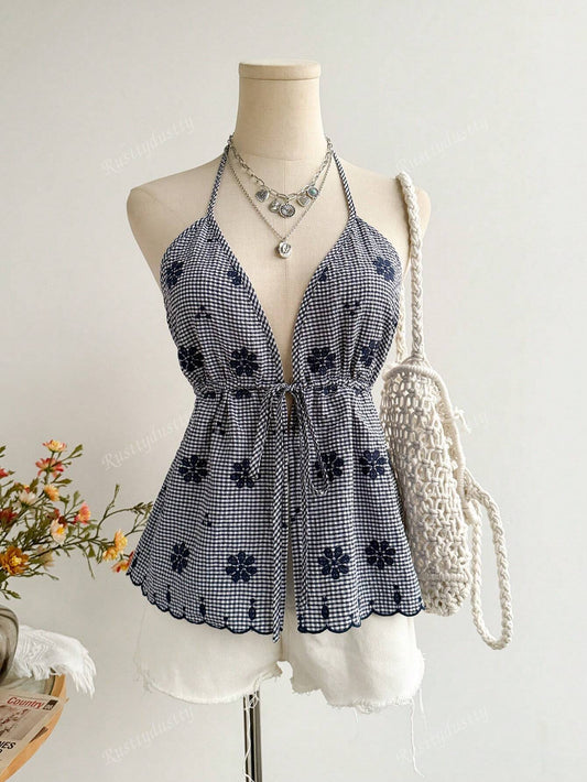 Rusttydustty Women'S Plaid Embroidery Drawstring Cinched Waist Backless Camisole