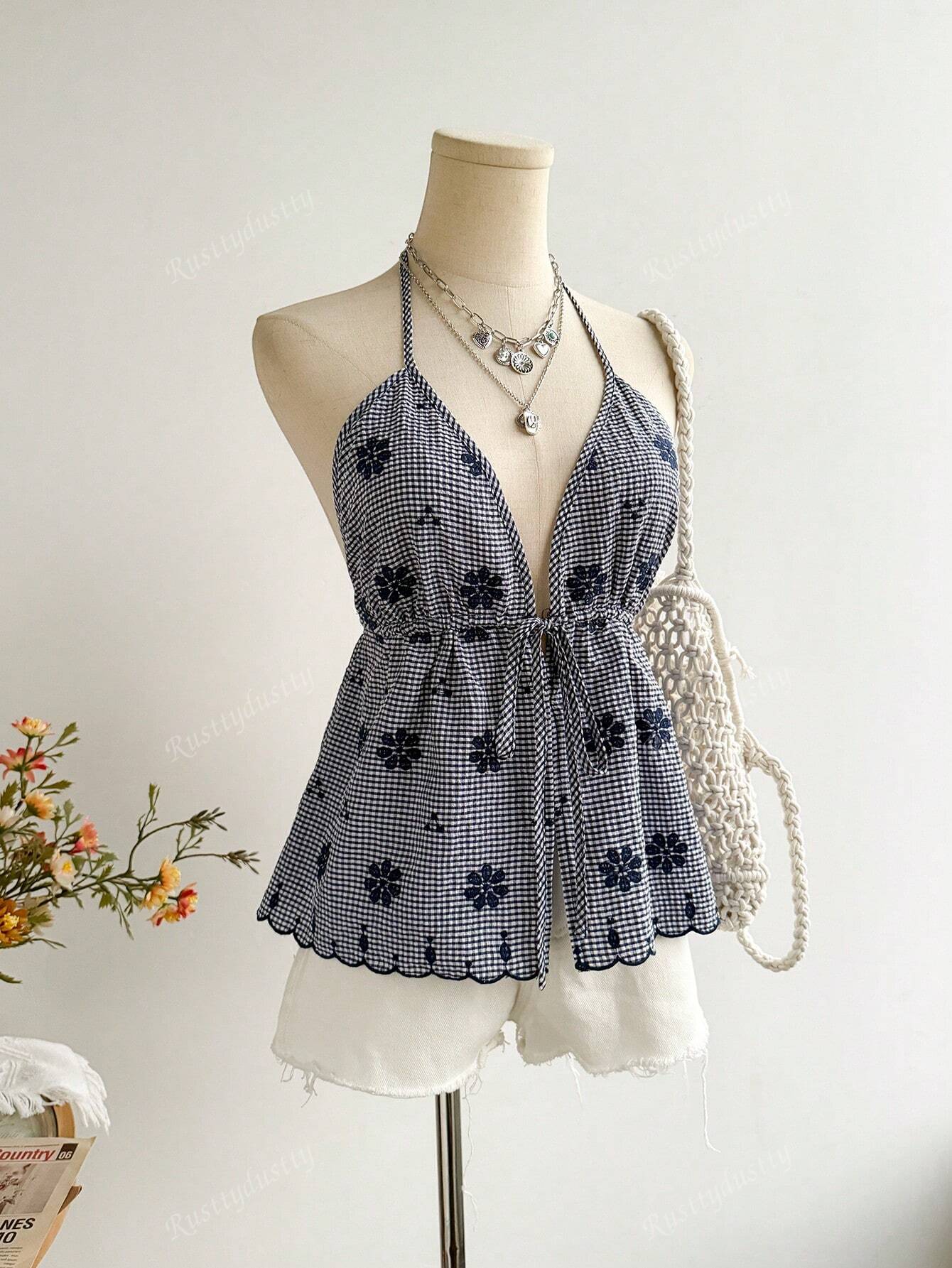 Rusttydustty Women'S Plaid Embroidery Drawstring Cinched Waist Backless Camisole