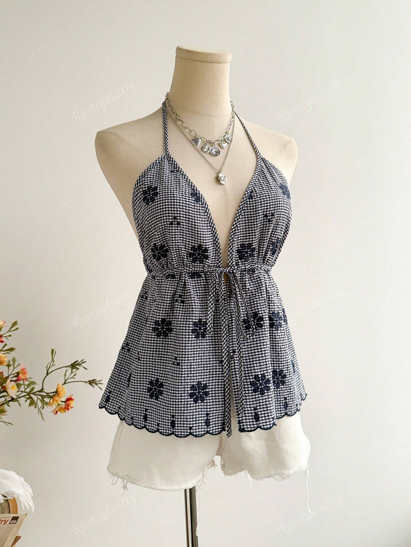 Rusttydustty Women'S Plaid Embroidery Drawstring Cinched Waist Backless Camisole