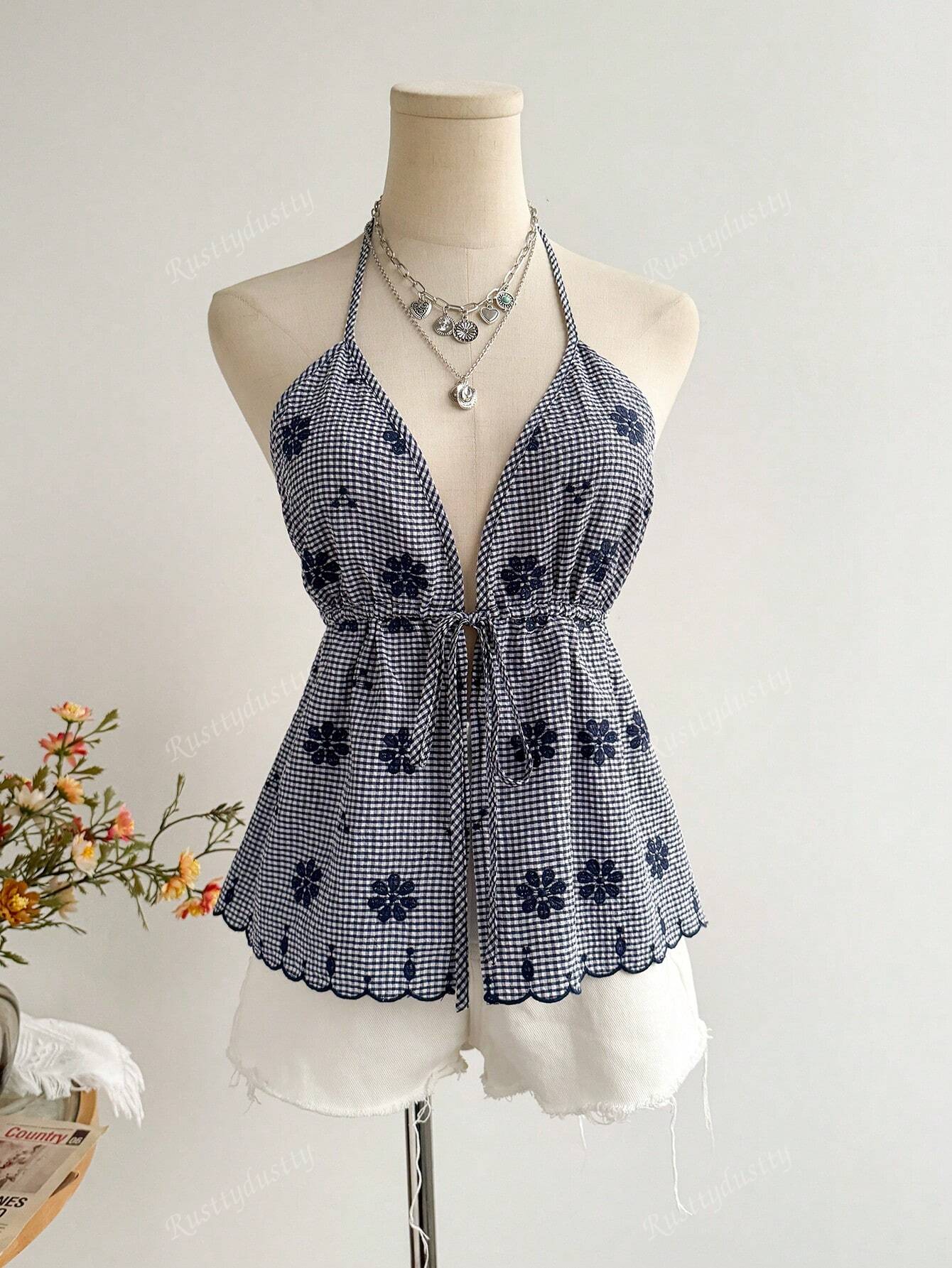 Rusttydustty Women'S Plaid Embroidery Drawstring Cinched Waist Backless Camisole