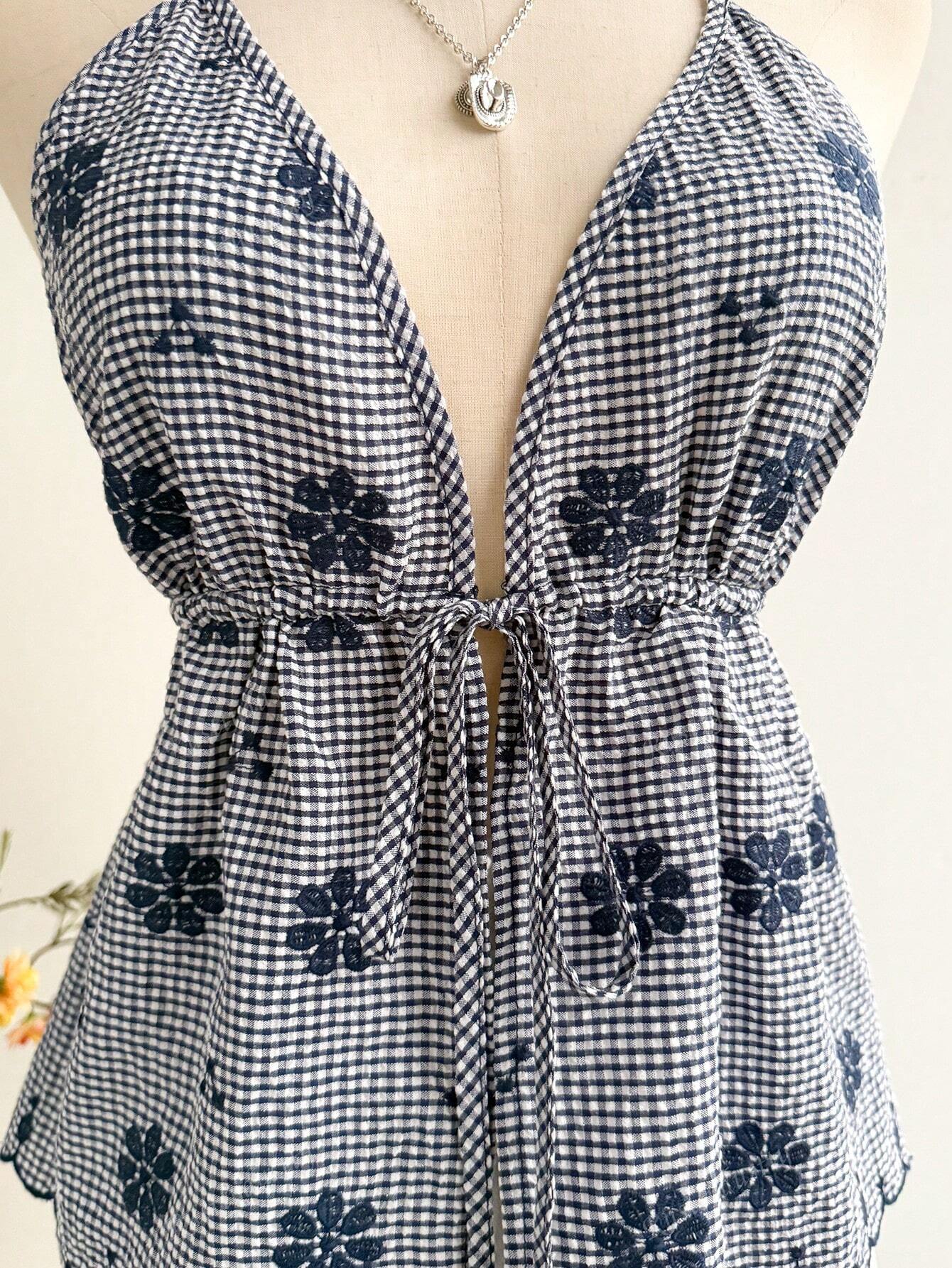 Rusttydustty Women'S Plaid Embroidery Drawstring Cinched Waist Backless Camisole