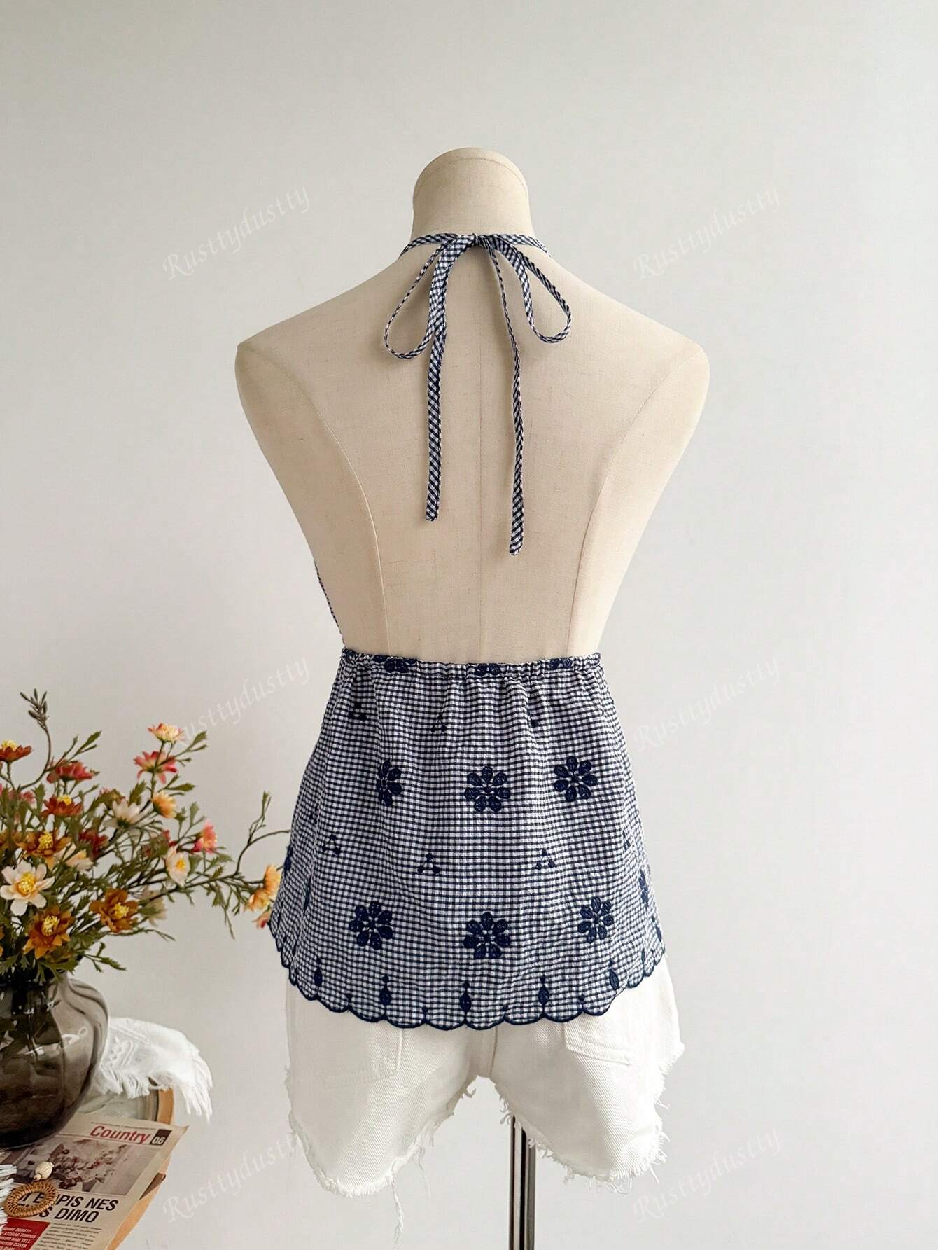 Rusttydustty Women'S Plaid Embroidery Drawstring Cinched Waist Backless Camisole