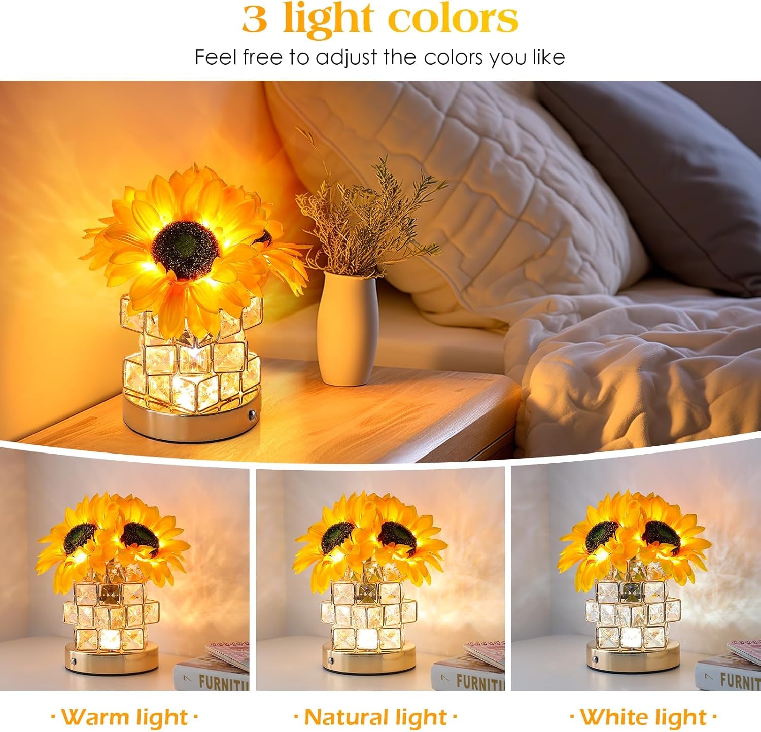 Sunflowers Flower Lamp,Rechargeable Cordless Touch Table Lamp,3-Colour Infinitely Dimming Small Night Light,Festival Restaurant Bedroom Bar Coffee Shop Birthday Gifts for Women Mom