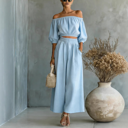 Women Cotton Linen Top and High Waist Wide Leg Pants Set