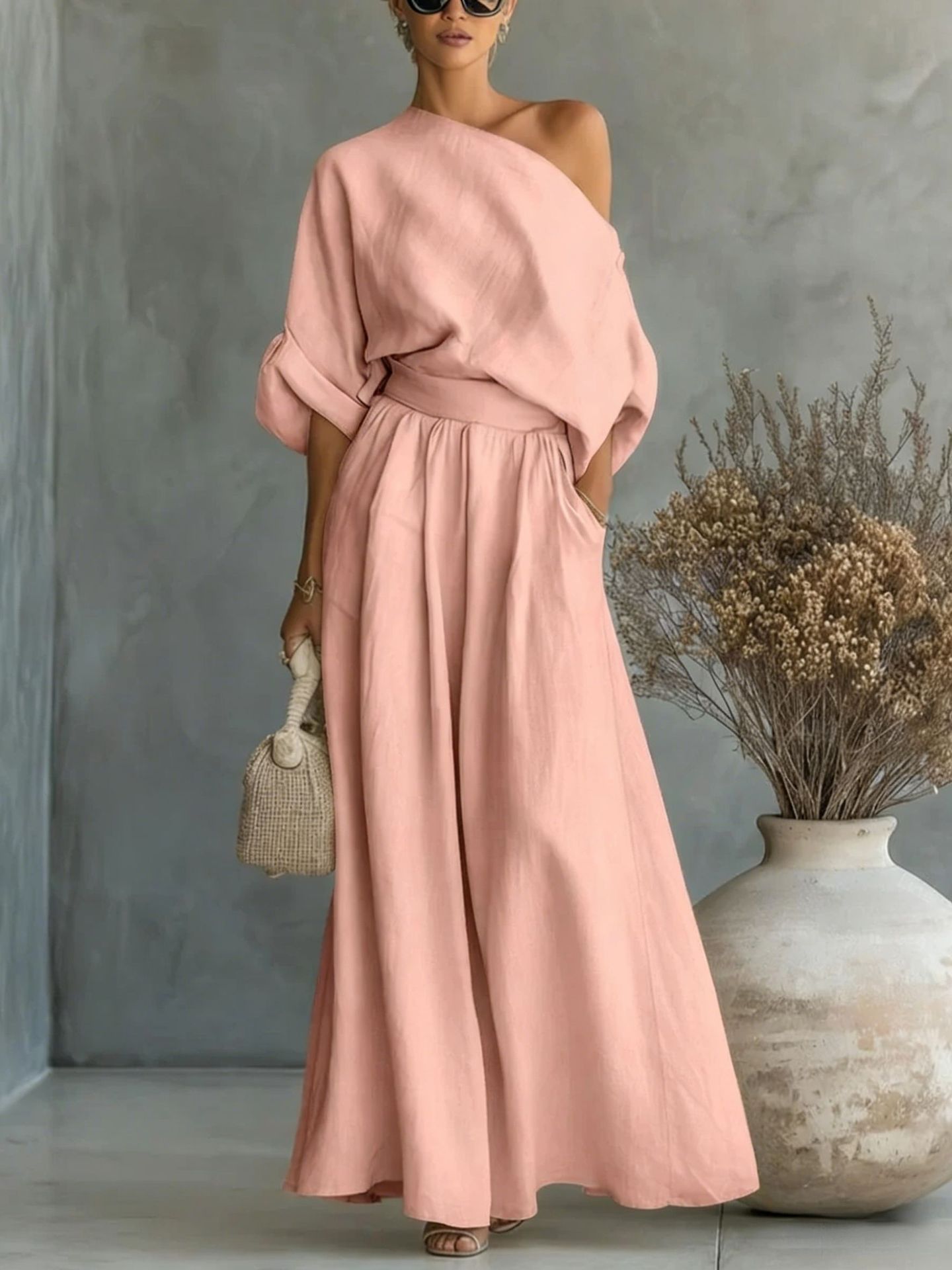 Women's Off-Shoulder Cropped Top and Pants Two-Piece Set