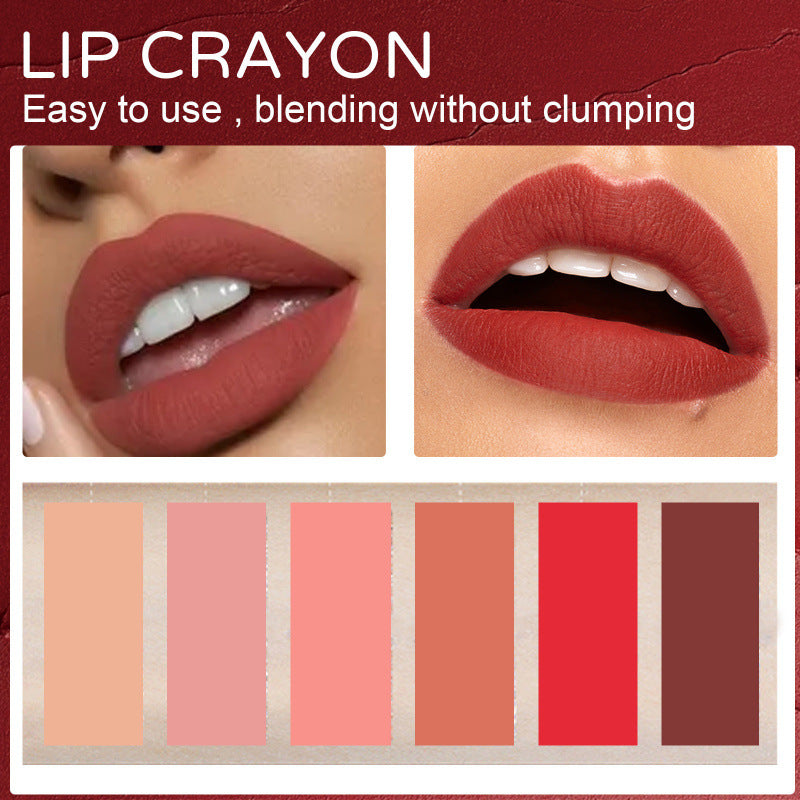 Lip crayon product with close-up of lips wearing the color, color swatches, and text about ease of use.