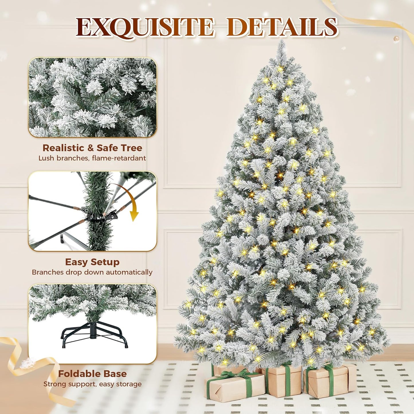 6 Ft Flocked Prelit Christmas Tree with 350 LED Lights, App Control, Artificial Christmas Tree, Multi-Color RGBW Lights, 947 Branch Tips, Snow Xmas Tree, for Home, Party