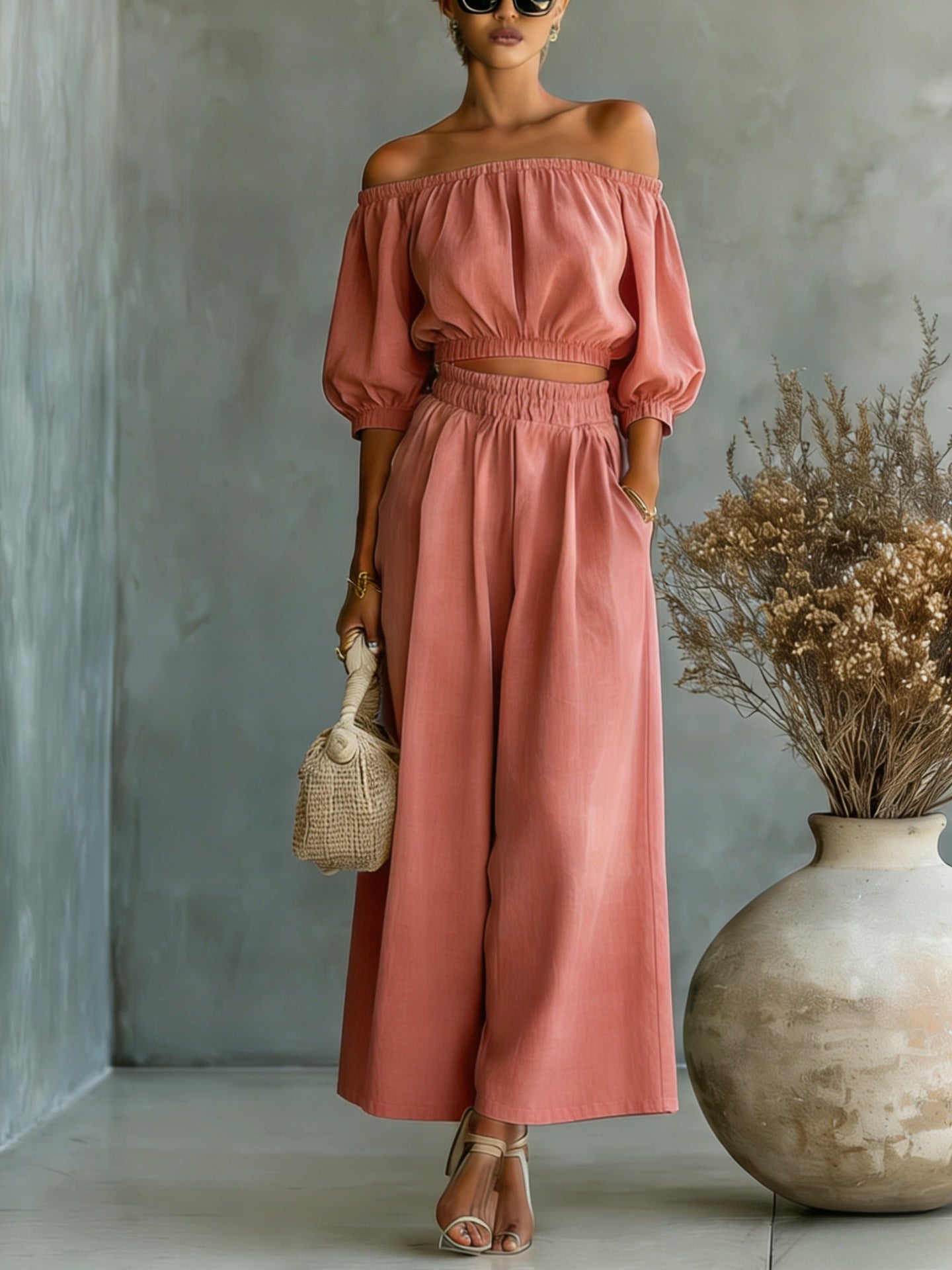 Women Cotton Linen Top and High Waist Wide Leg Pants Set