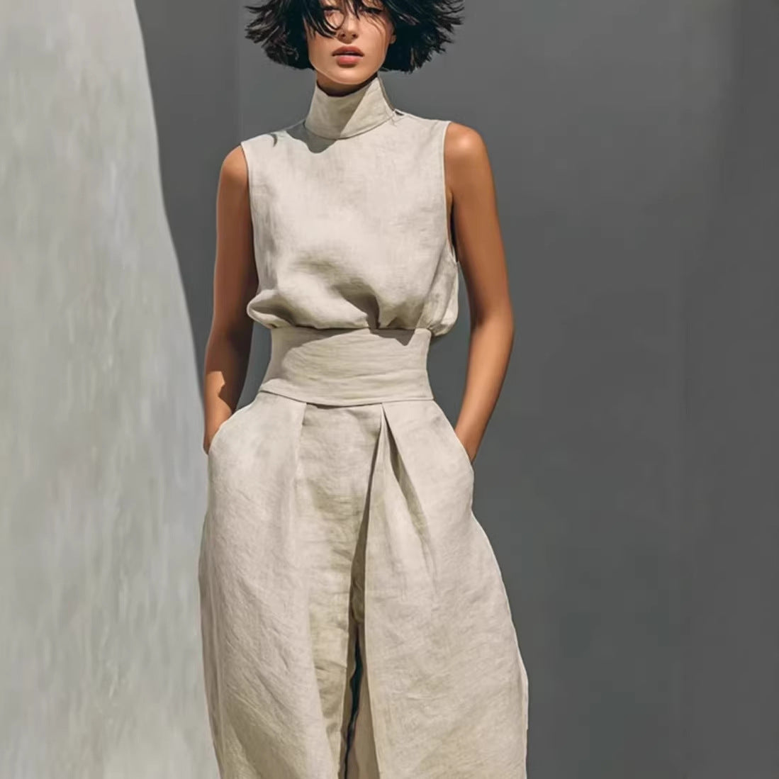 Women Cotton Linen Sleeveless Top and Wide Leg Pants Set