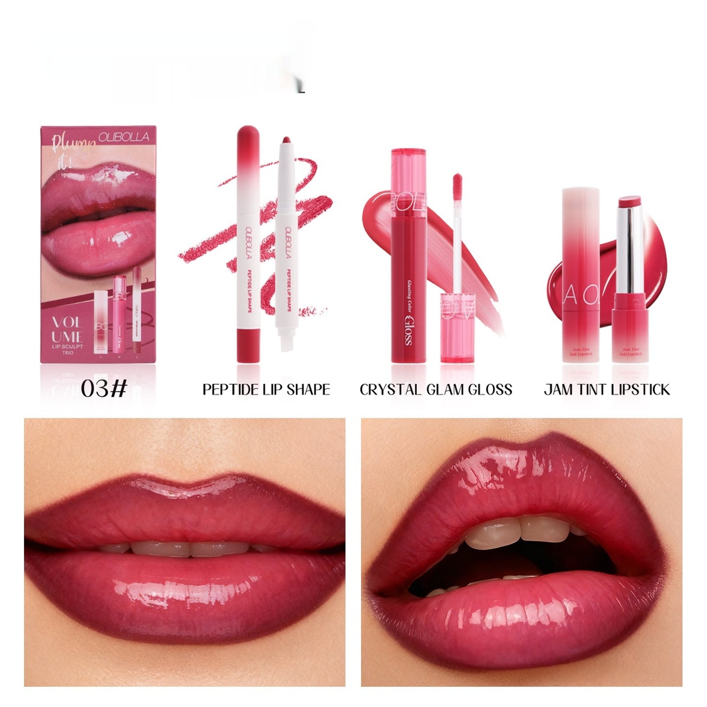 Lip product set with lip gloss, lipstick, and packaging on a white background