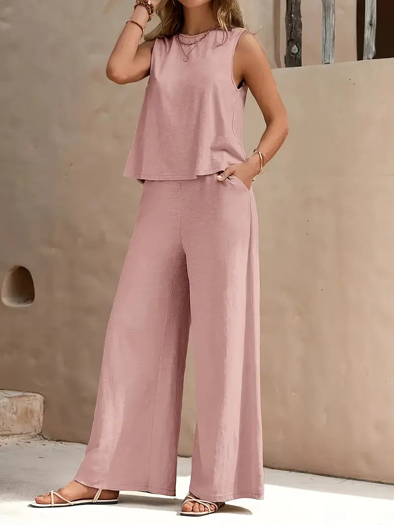 Women Solid Color Two Piece Set Loose Top and Full Length Pants