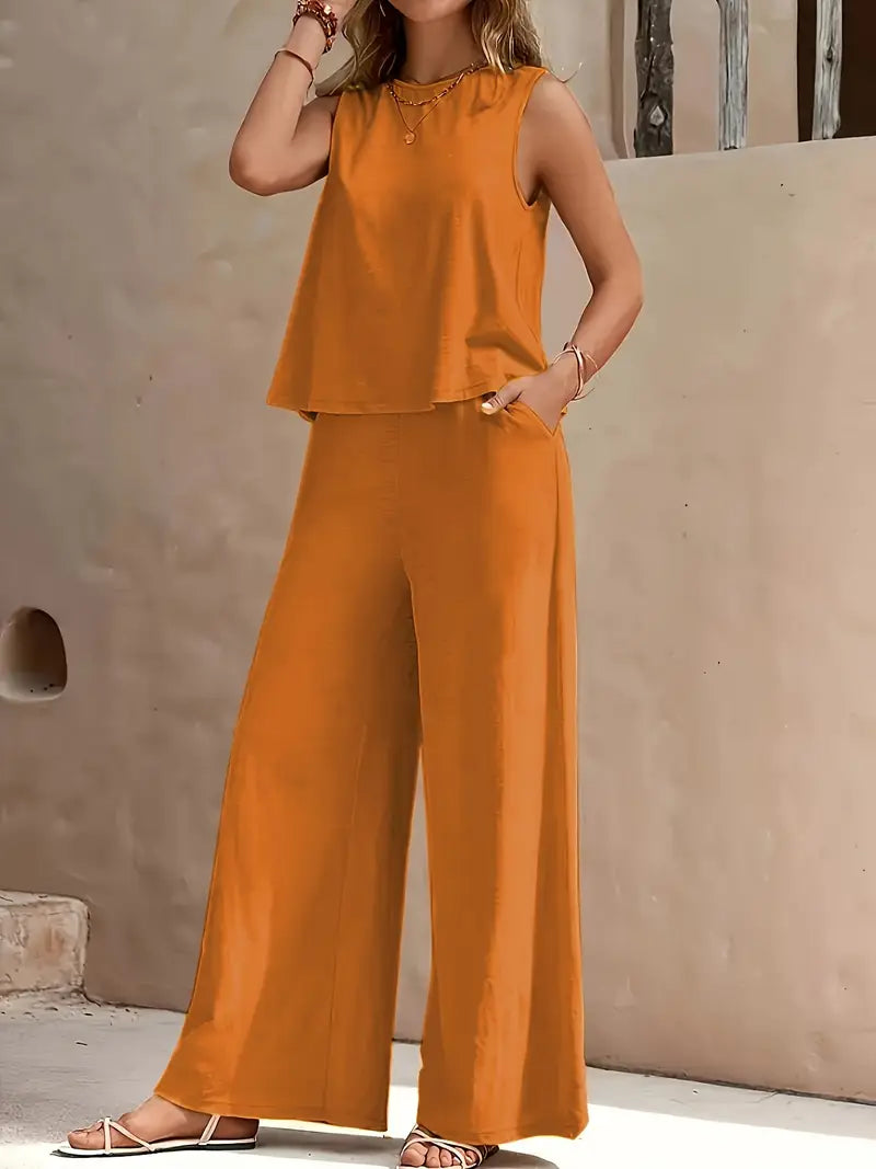 Women Solid Color Two Piece Set Loose Top and Full Length Pants