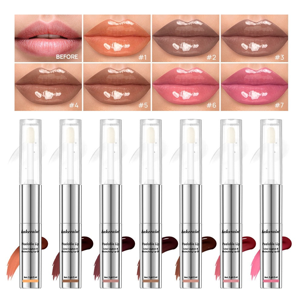 Lip tint swatches and product packaging on a beige background