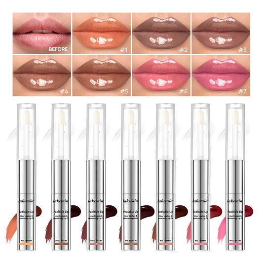 Lip tint swatches and product packaging on a beige background