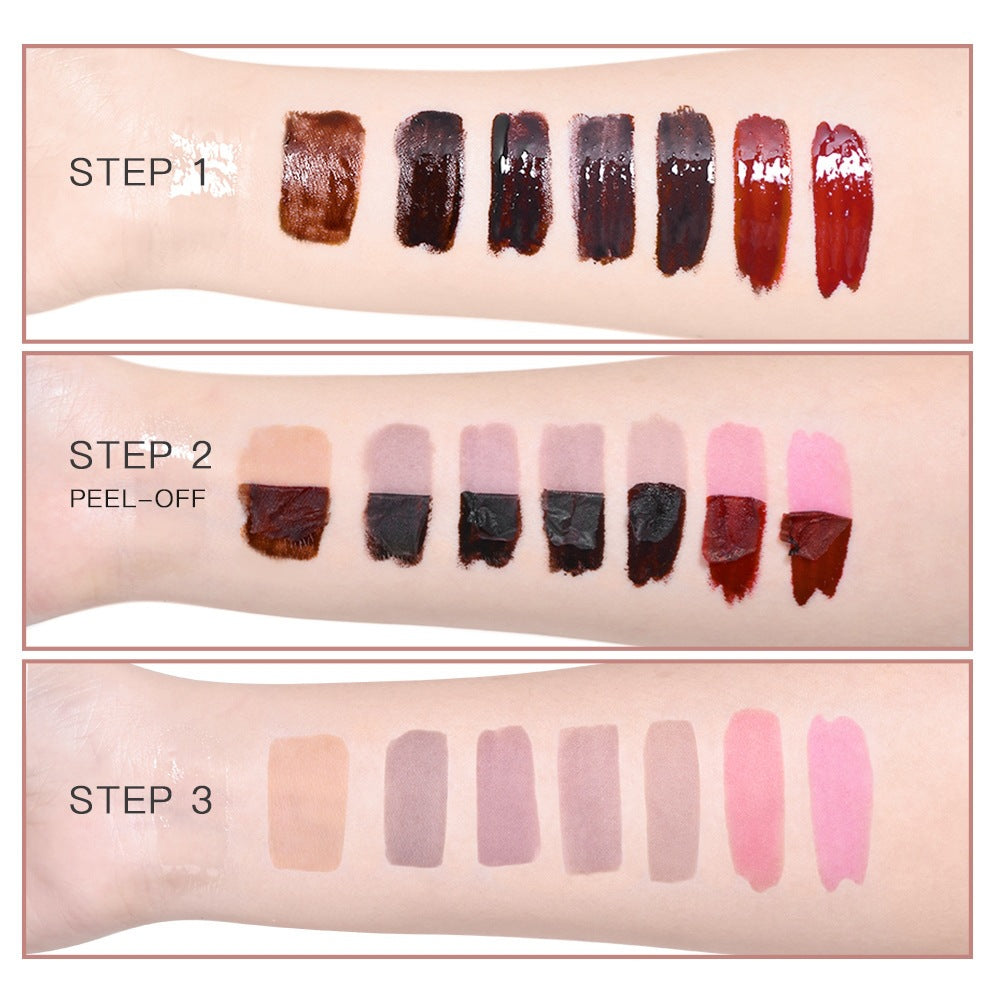 Step-by-step swatches of a peel-off lip product on skin