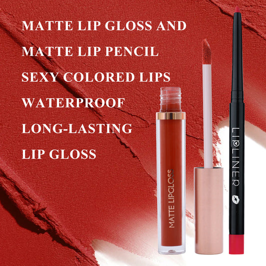 Matte lip gloss and lip liner with red background and text highlighting features.