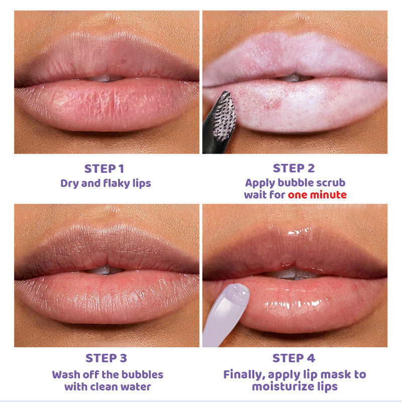Step-by-step process of treating dry and flaky lips with a bubble scrub and lip mask.