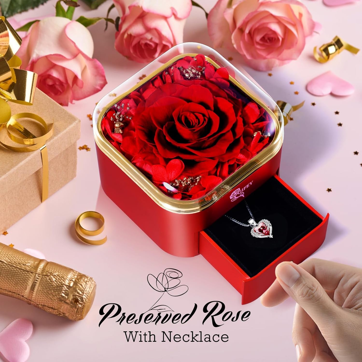 Christmas Flower Gifts for Her,Preserved Red Rose with Necklace,Preserved Flowers for Delivery Prime Gifts for Women Mom Wife Girlfriend Gifts Ideas on Birthday Anniversary Christmas Valentines Day