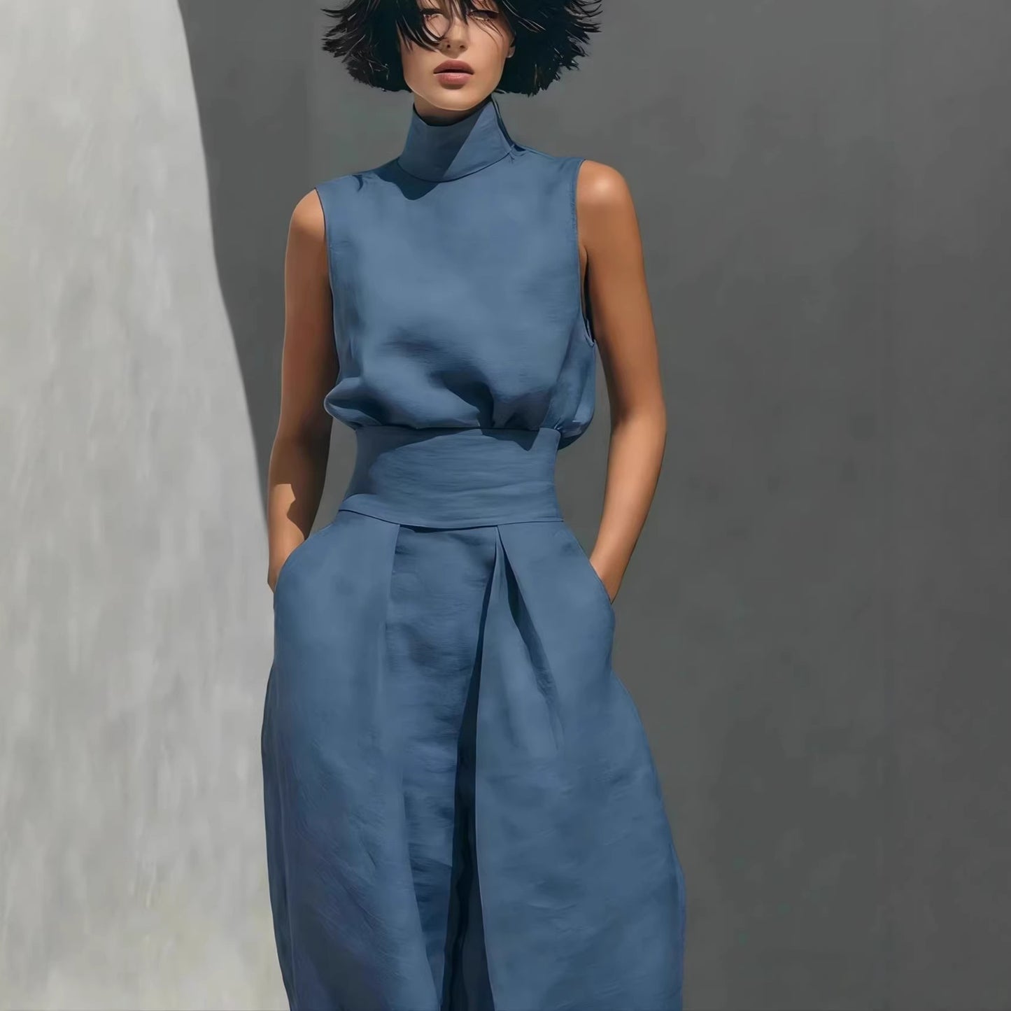 Women Cotton Linen Sleeveless Top and Wide Leg Pants Set