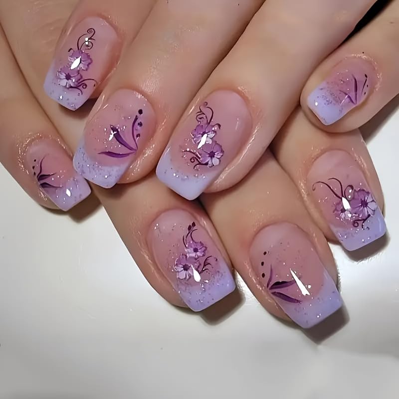 Square Press-On Nails – Purple Floral Medium Fake Nails, Glossy Full Cover 24PCS