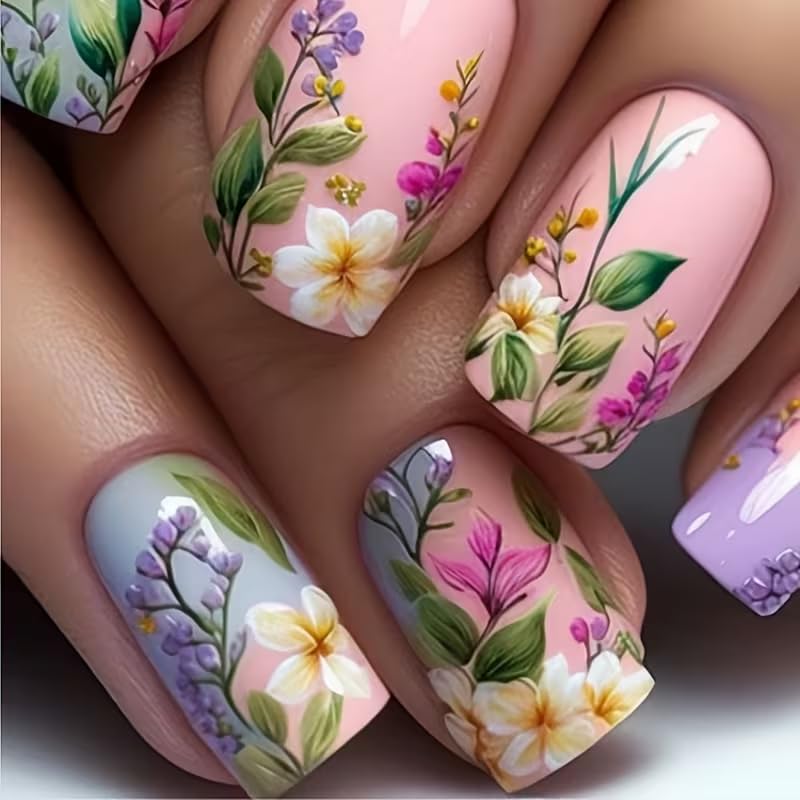 Square Press-On Nails – Purple Floral Medium Fake Nails, Glossy Full Cover 24PCS