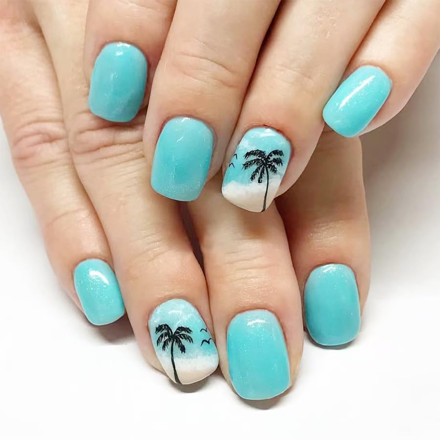 Turquoise nails with palm tree designs on a white background