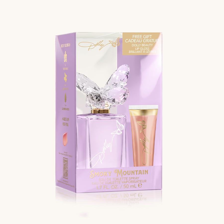 Dolly Parton Smoky Mountain Eau De Toilette and Lip Gloss – Fruity Floral Perfume for Women with Tiger Orchid, Tonka & Cashmere Woods – Long Lasting Feminine Fragrance – 1.7Fl Oz