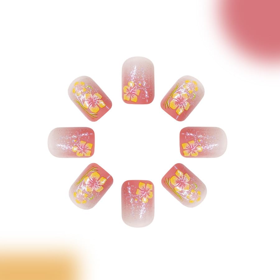 Square Press-On Nails – Purple Floral Medium Fake Nails, Glossy Full Cover 24PCS