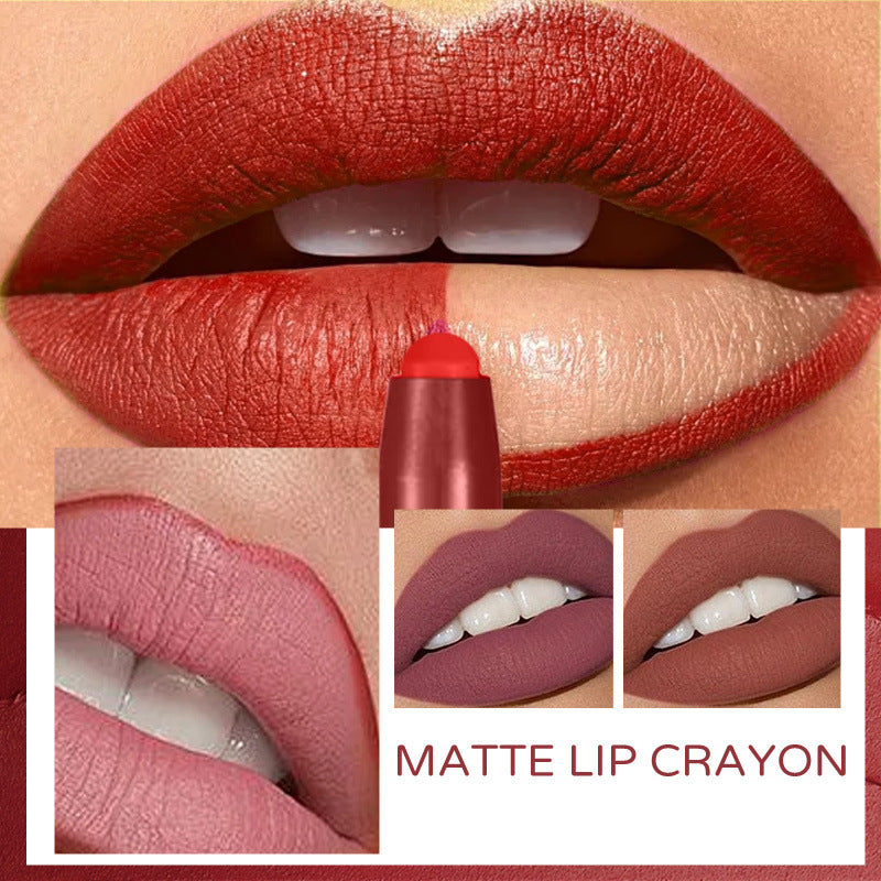 Collage of a matte lip crayon being applied to lips with close-up shots.