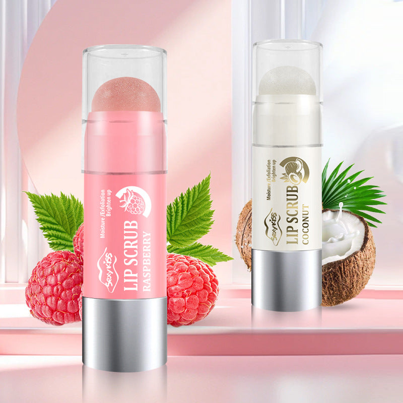 Two lip scrubs with raspberry and coconut elements on a pink background
