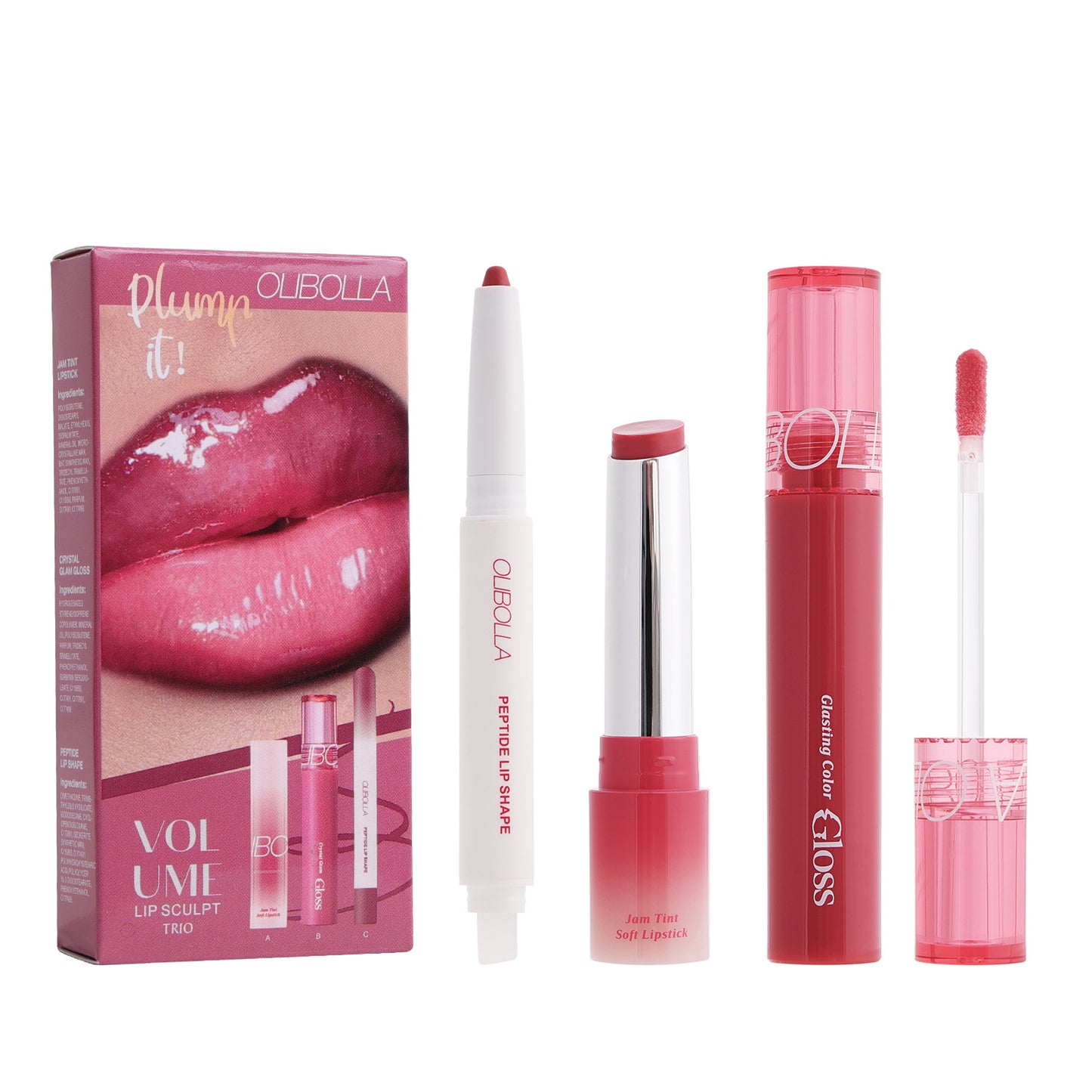 Set of Oleoila lip products including lip gloss, lip liner, and packaging on a white background