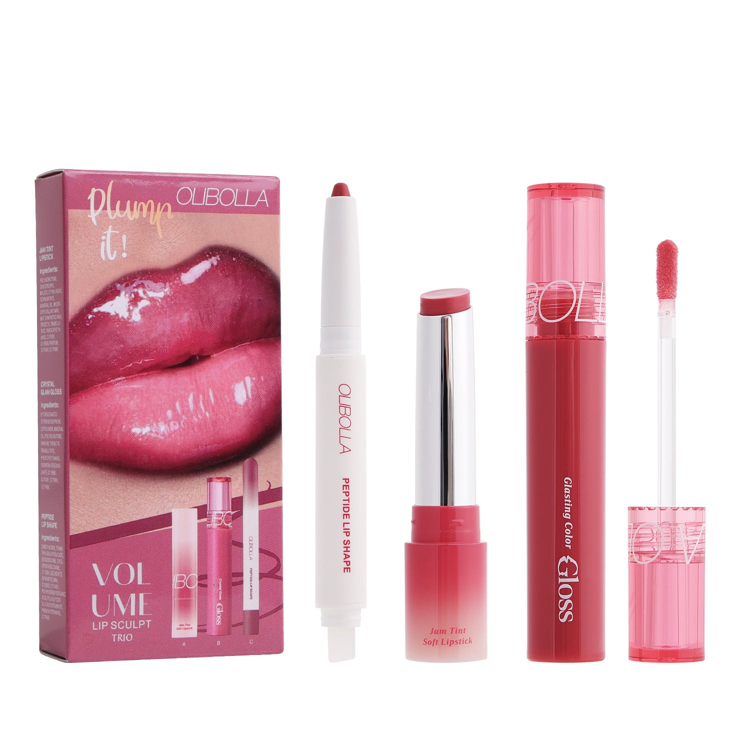 Set of Oleoila lip products including lip gloss, lip liner, and packaging on a white background