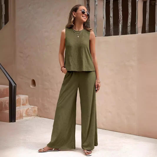 Women Solid Color Two Piece Set Loose Top and Full Length Pants