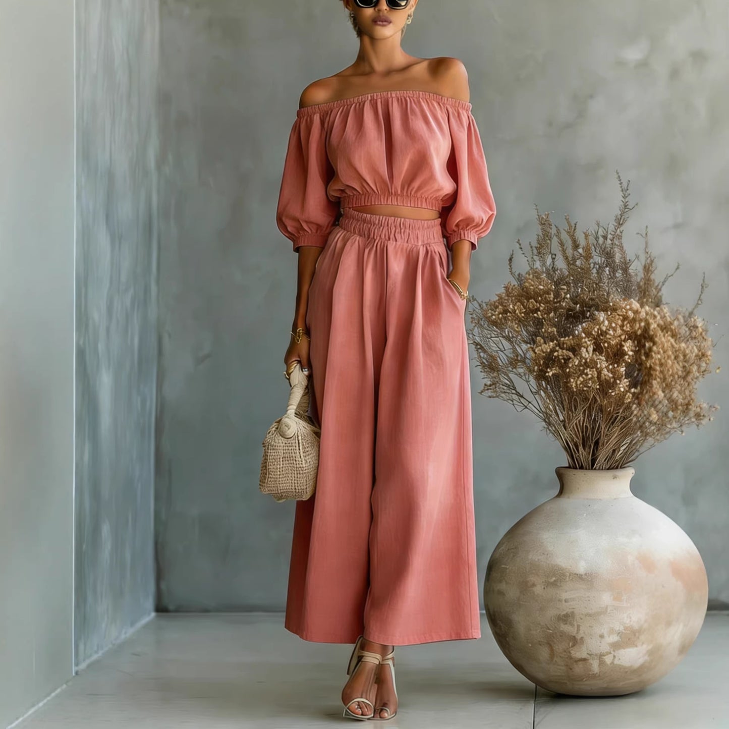 Women Cotton Linen Top and High Waist Wide Leg Pants Set