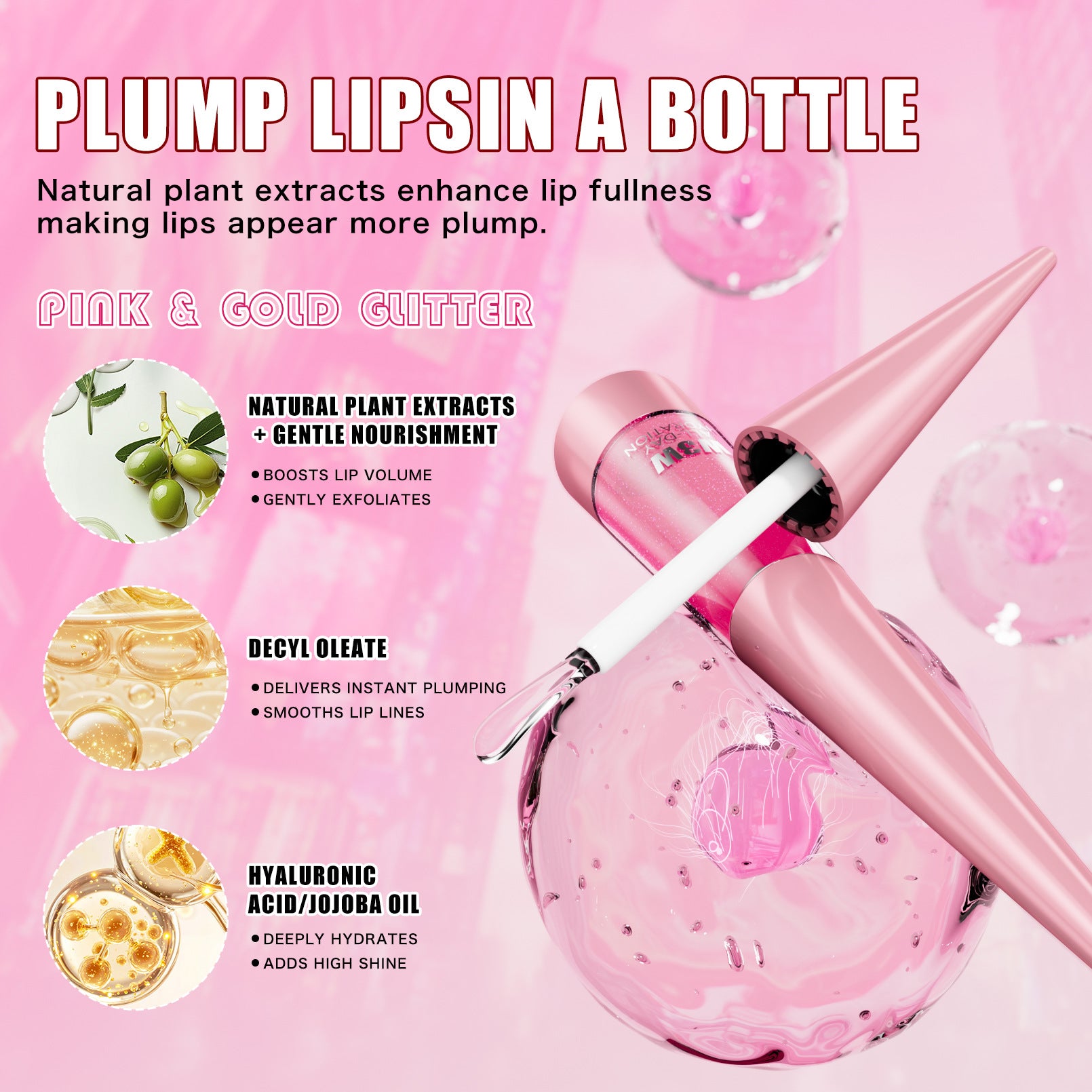 Pink lip plumper with dropper on a pink background, featuring natural plant extracts and product benefits.