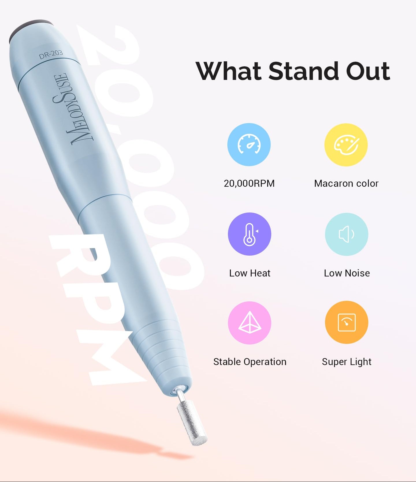 Nail drill with features listed on a white background