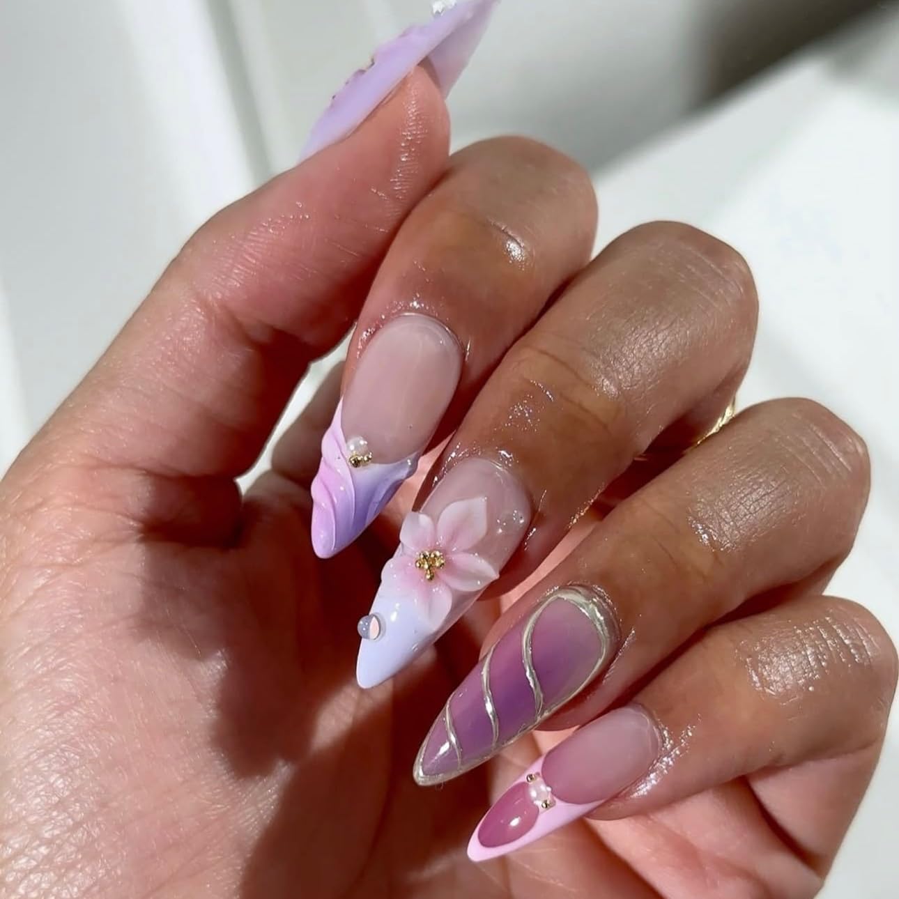 3D Pink Almond Press-On Nails – Medium French Tip Glossy Floral Fake Nails 2