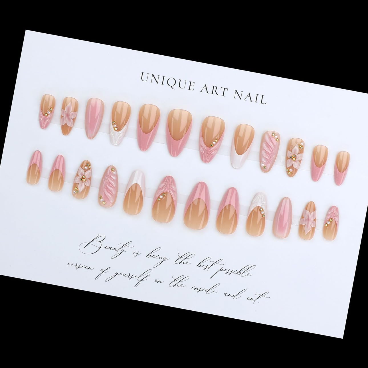 3D Pink Almond Press-On Nails – Medium French Tip Glossy Floral Fake Nails 2