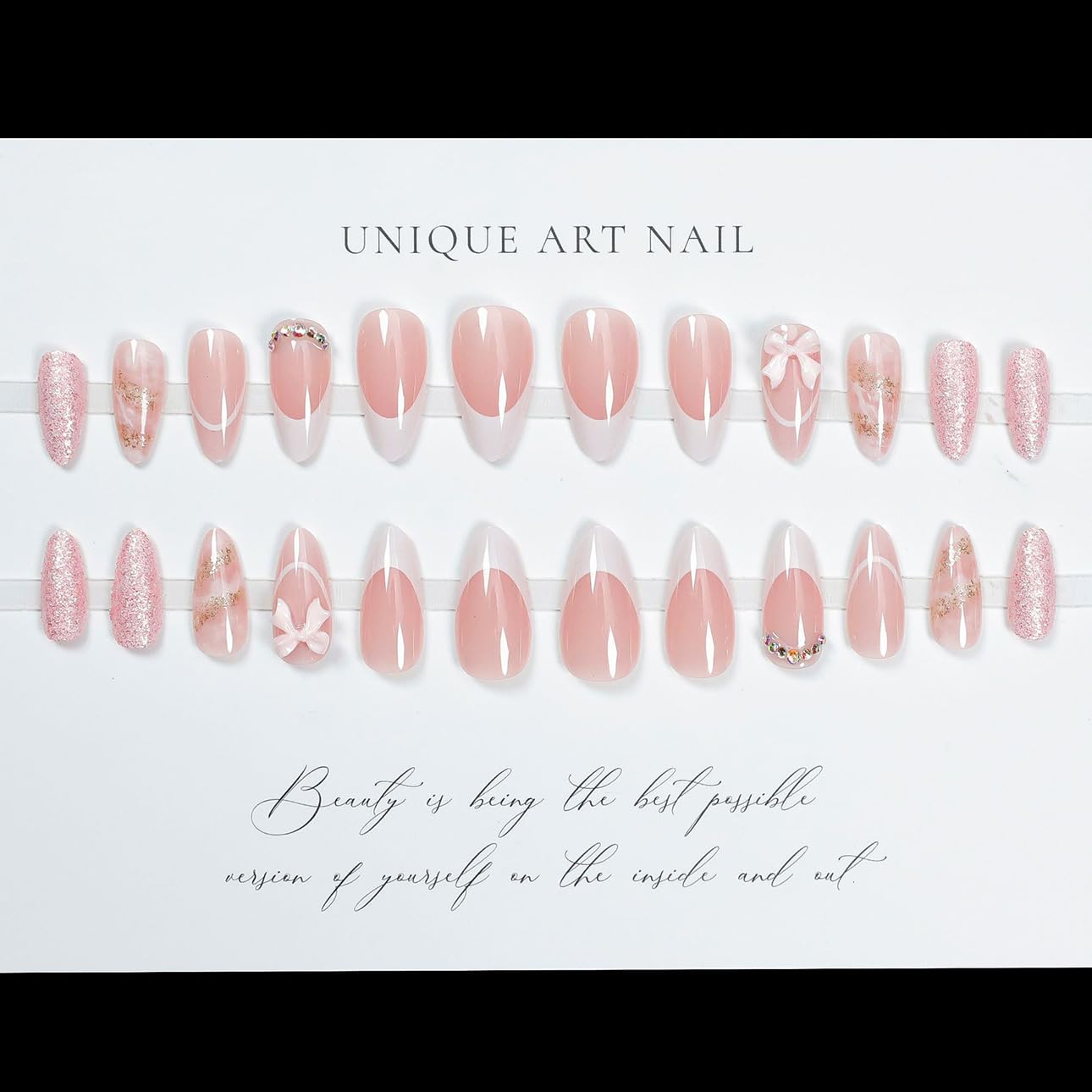 3D Pink Almond Press-On Nails – Medium French Tip Glossy Floral Fake Nails 2