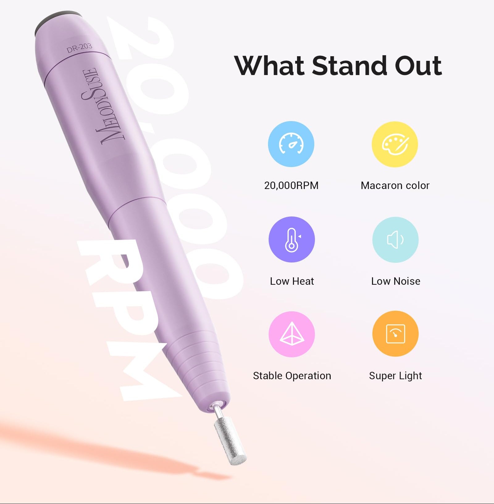 Purple nail drill with features listed on a white background