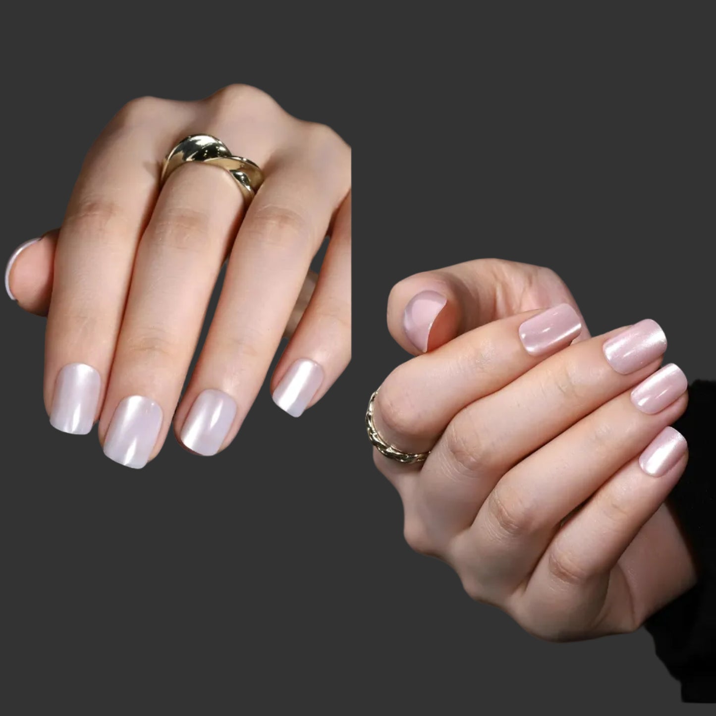 Hands with pink nail polish and a gold ring, featuring the Fandamei brand.