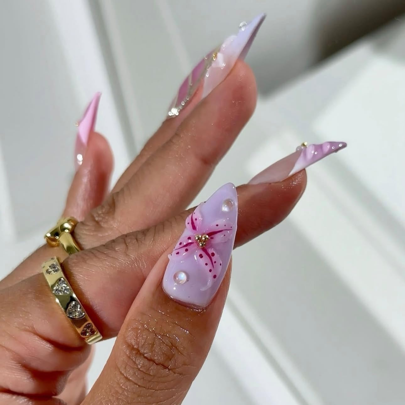 3D Pink Almond Press-On Nails – Medium French Tip Glossy Floral Fake Nails 2
