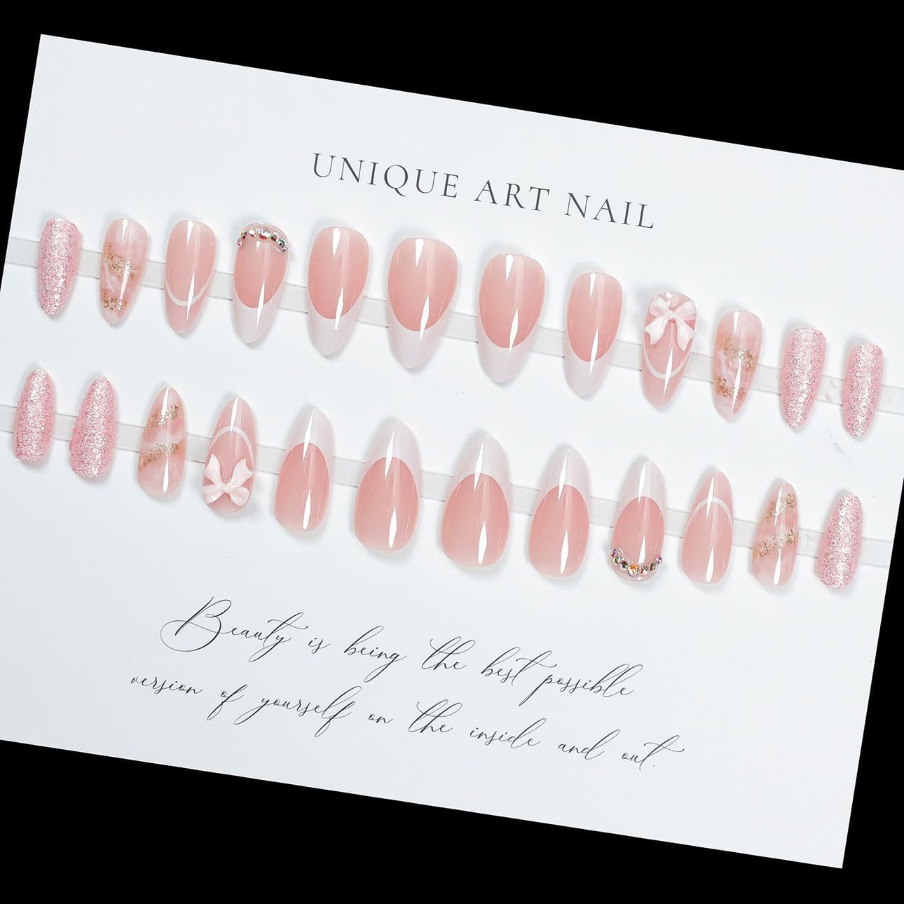 3D Pink Almond Press-On Nails – Medium French Tip Glossy Floral Fake Nails 2