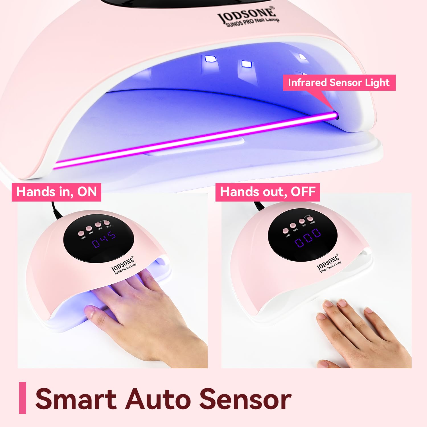 Pink nail dryer with smart auto sensor feature on a pink background
