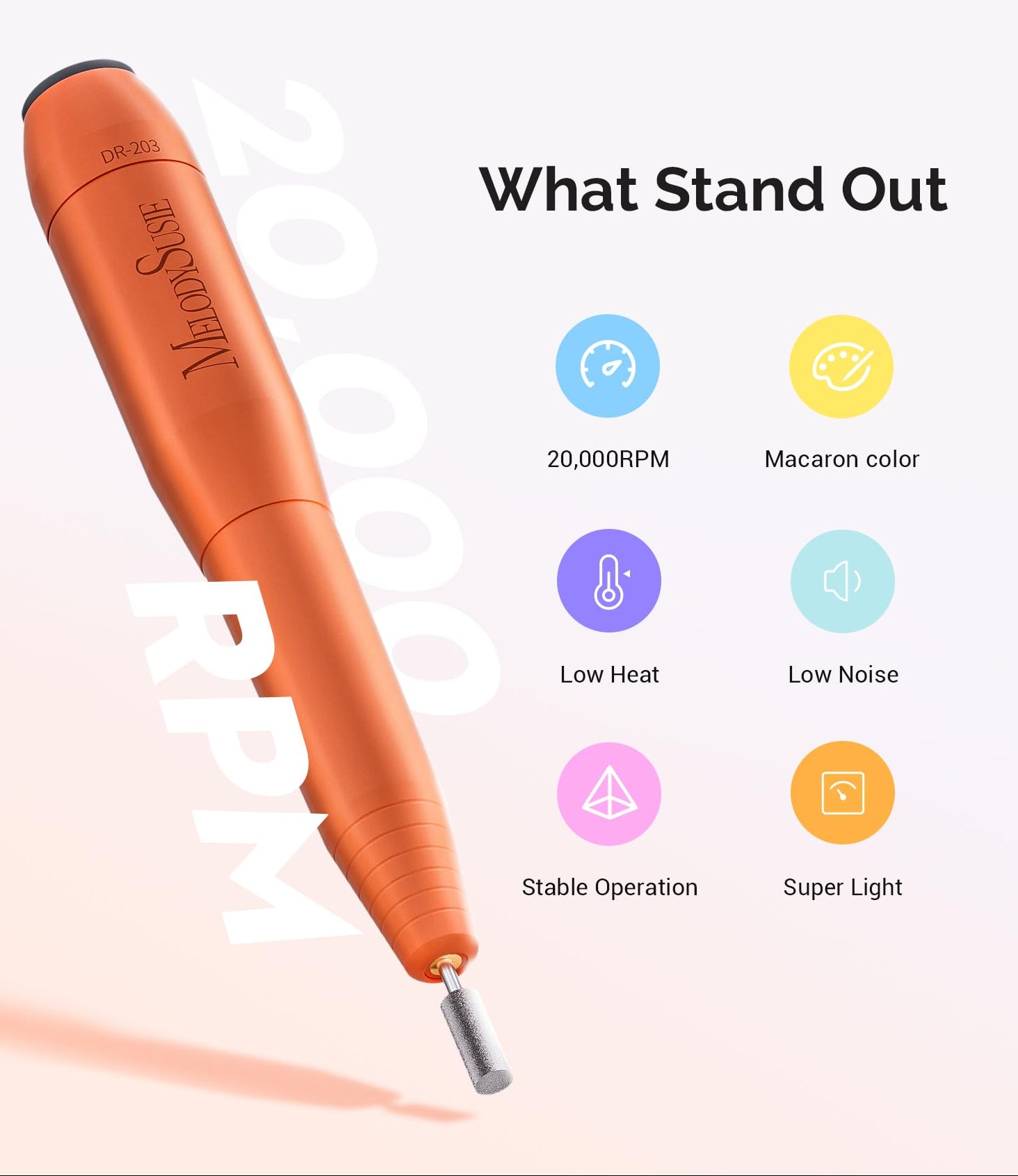 Orange nail drill with features listed on a white background
