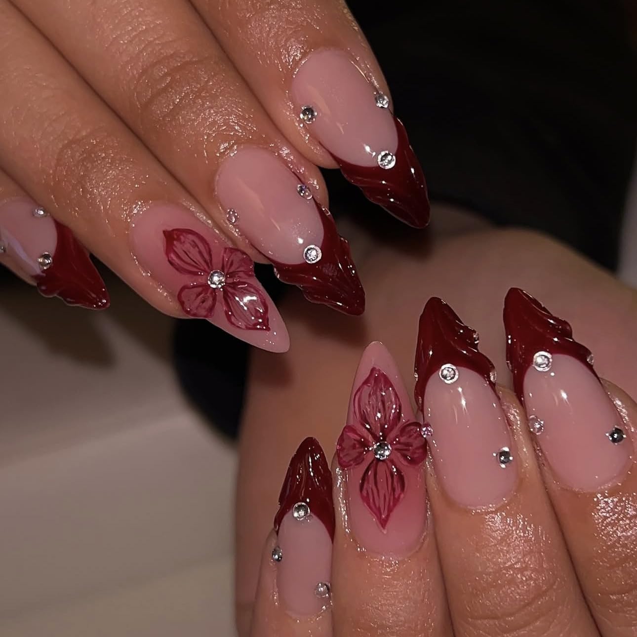 3D Pink Almond Press-On Nails – Medium French Tip Glossy Floral Fake Nails 2