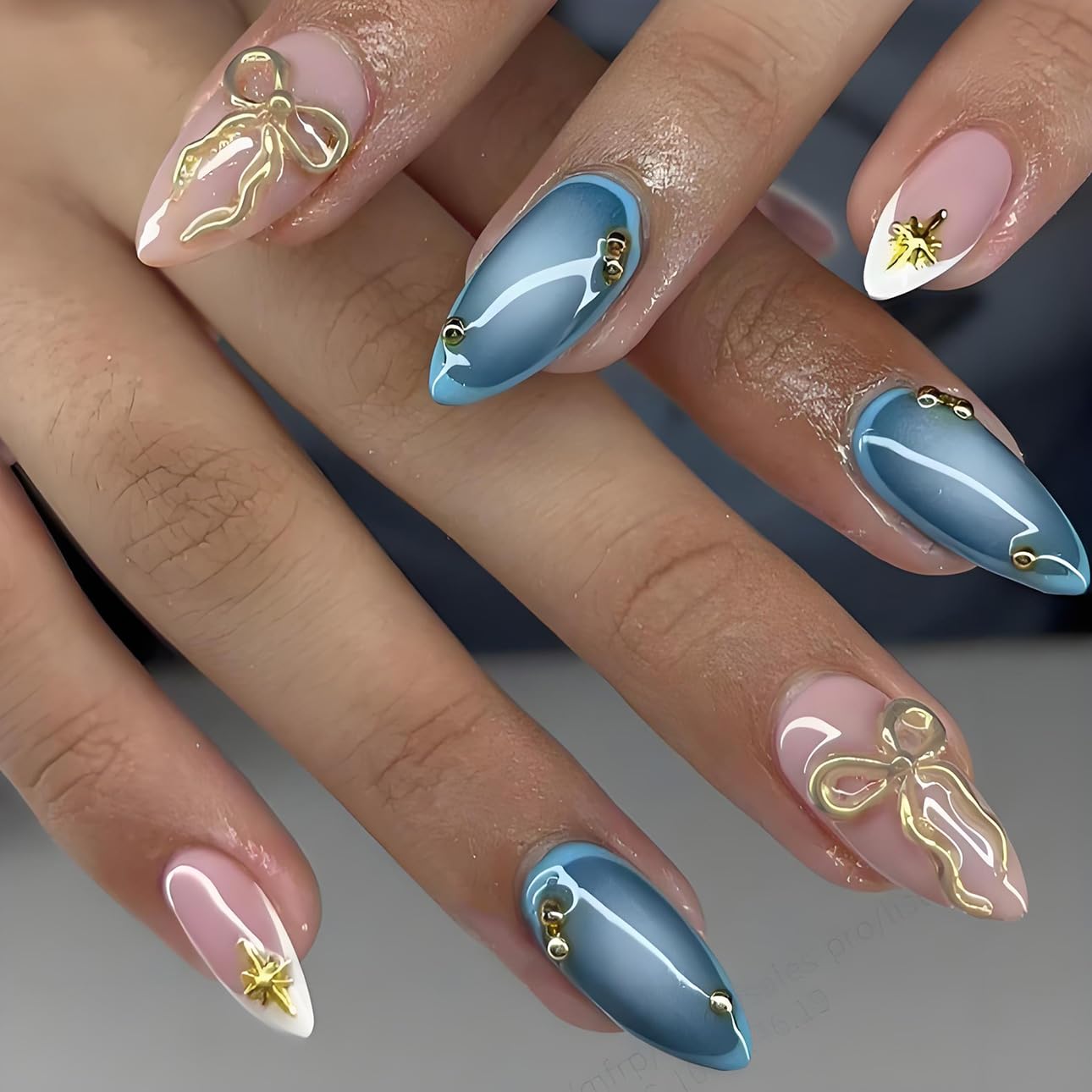 3D Pink Almond Press-On Nails – Medium French Tip Glossy Floral Fake Nails 2